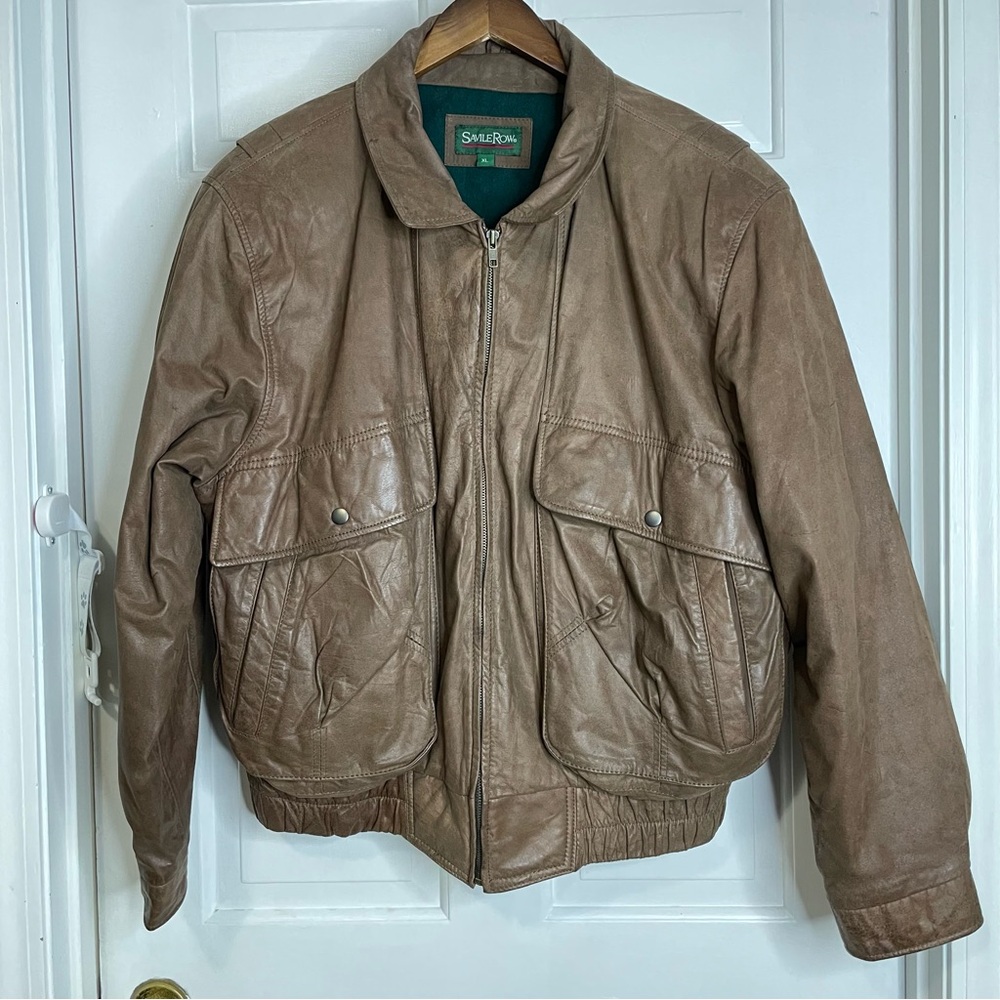 Vintage Savile Row Brown Leather WOOL Lined Mens Bomber Jacket XL